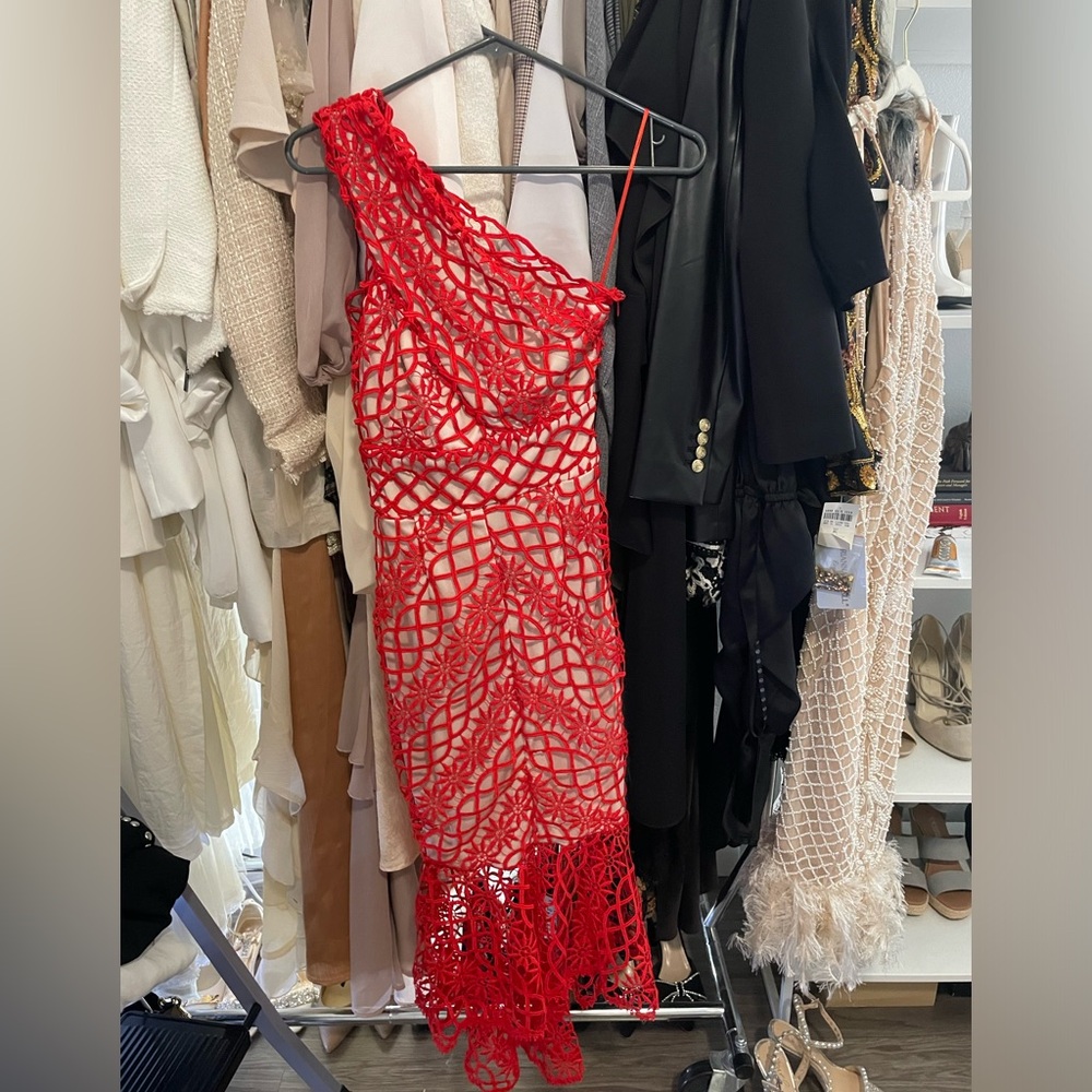 Red Crochet One Shoulder Midi Dress